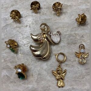 Lot of 9 Vintage Gold Color Lapel Pins Brooch Charms Angels Cherubs Cat Green